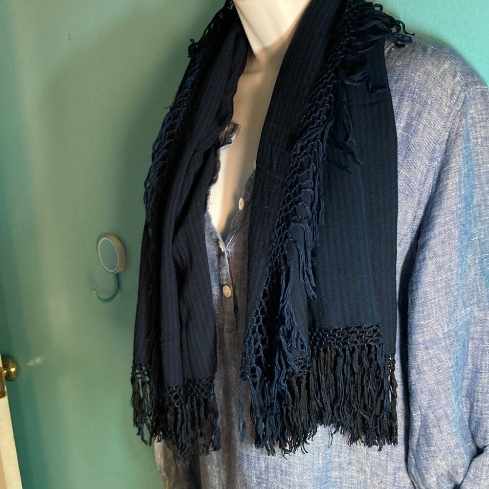 Blue & Black Striped Tienda Ho Handwoven Cotton Rayon Scarf 38" X 39"